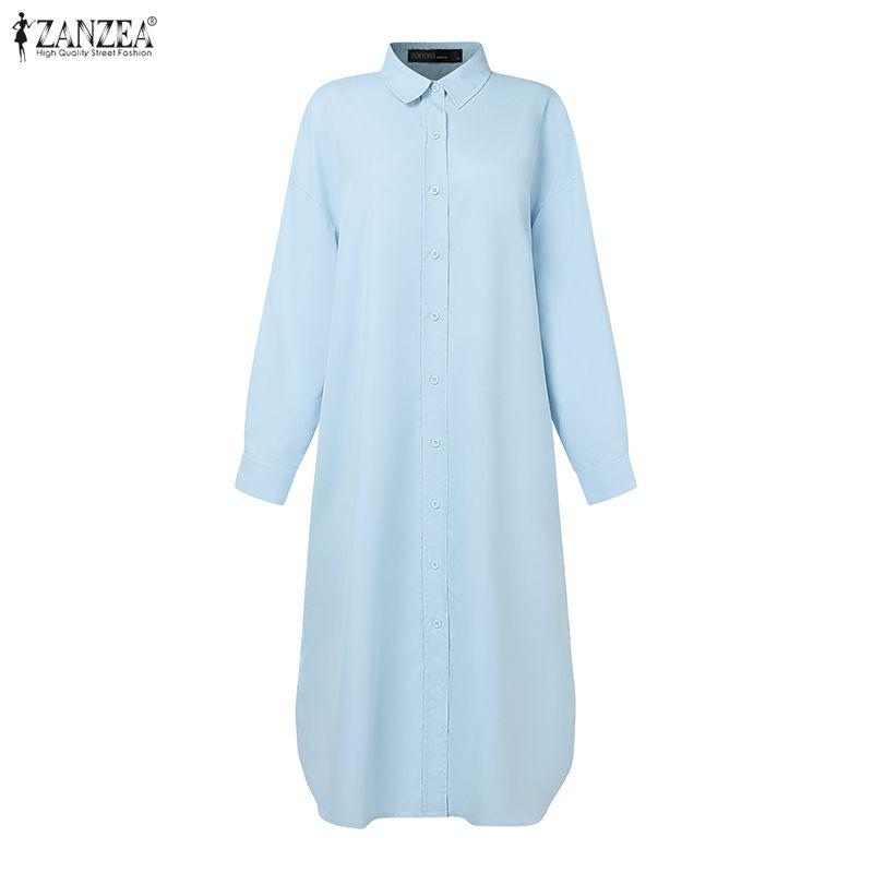 ZANZEA Blouse Longue Décontractée Ample à Manches Longues et Col Rabattu pour Femme