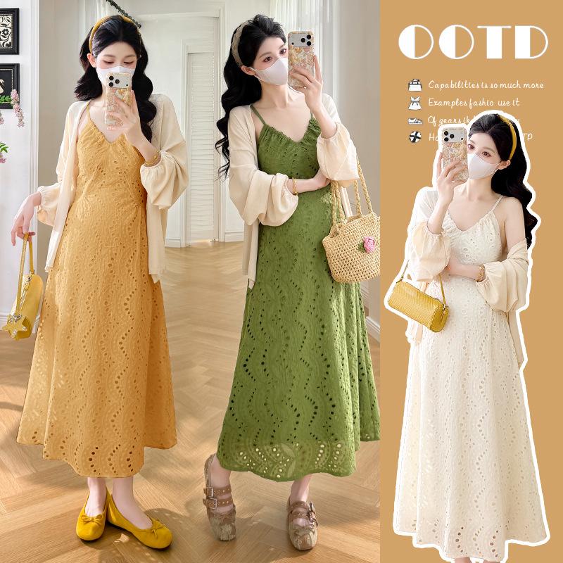 2026 Maternity Spring/Summer French V-neck Holiday Spaghetti Strap Dress with Knit Cardigan Set. L