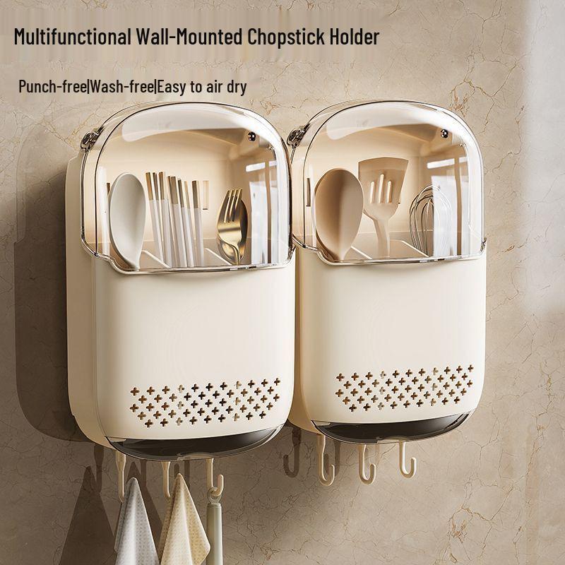 Wall-Mounted Chopstick & Spoon Holder: Punch-Free, Dustproof, Draining Storage Cage for Kitchen.
