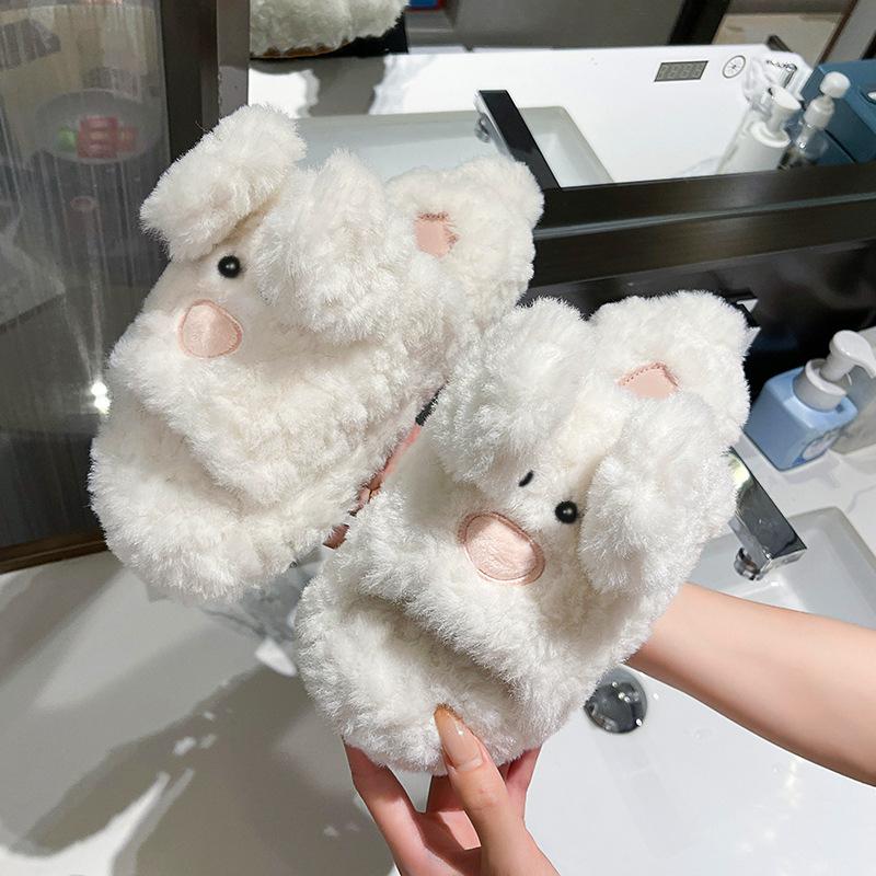 Plush ear-moving cute plush home slippers autumn and winter new casual versatile one-word fish mouth women's cotton shoes