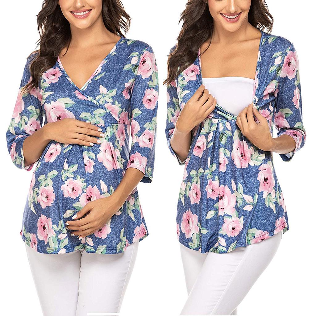 

Женские плиссированные футболки с рукавами 3/4 и цветочным принтом для кормления грудью XL синий