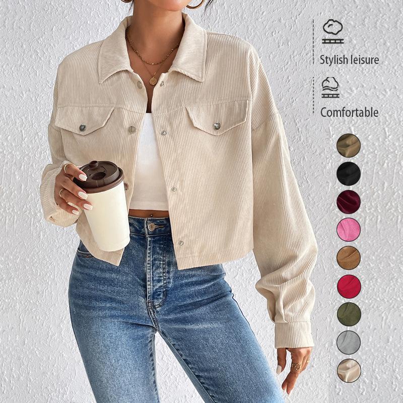 2024 Autumn and Winter Cross-border Amazon Europe, America, Temperament Slim-fitting Short Zipper Cardigan Polo Neck Corduroy Jacket
