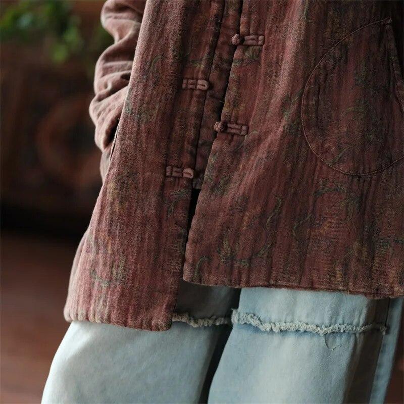 Johnature femei vintage din bumbac parkas calde cu mâneci lungi cu nasturi paltoane de iarnă cu imprimeu buzunare florale parkas pentru femei