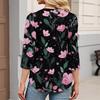 Women's Fashionable Casual Retro Floral V,Neck Decorative Button Three,Quarter Sleeve T,Shirt Top
