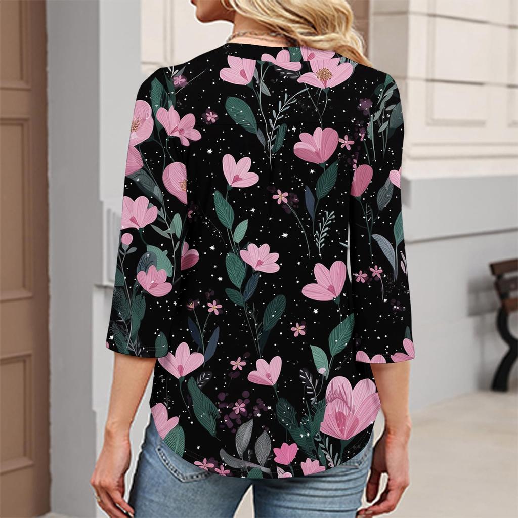 Women's Fashionable Casual Retro Floral V,Neck Decorative Button Three,Quarter Sleeve T,Shirt Top