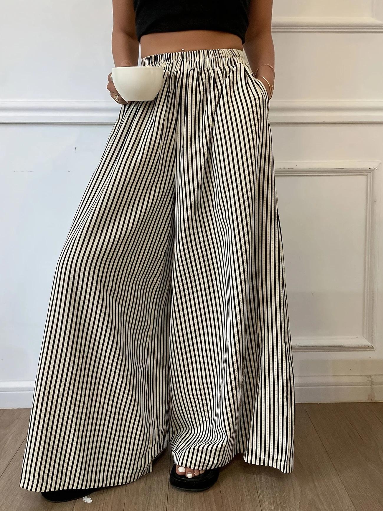

Plus size Europe and the United States cross-border spring and summer striped pocket elasticated waist wide-leg L чорний