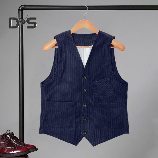 Men Corduroy Vest Coat V-neck Sleeveless Single Breasted Buttons Waistcoat with Pockets Solid Color Vest Jacket