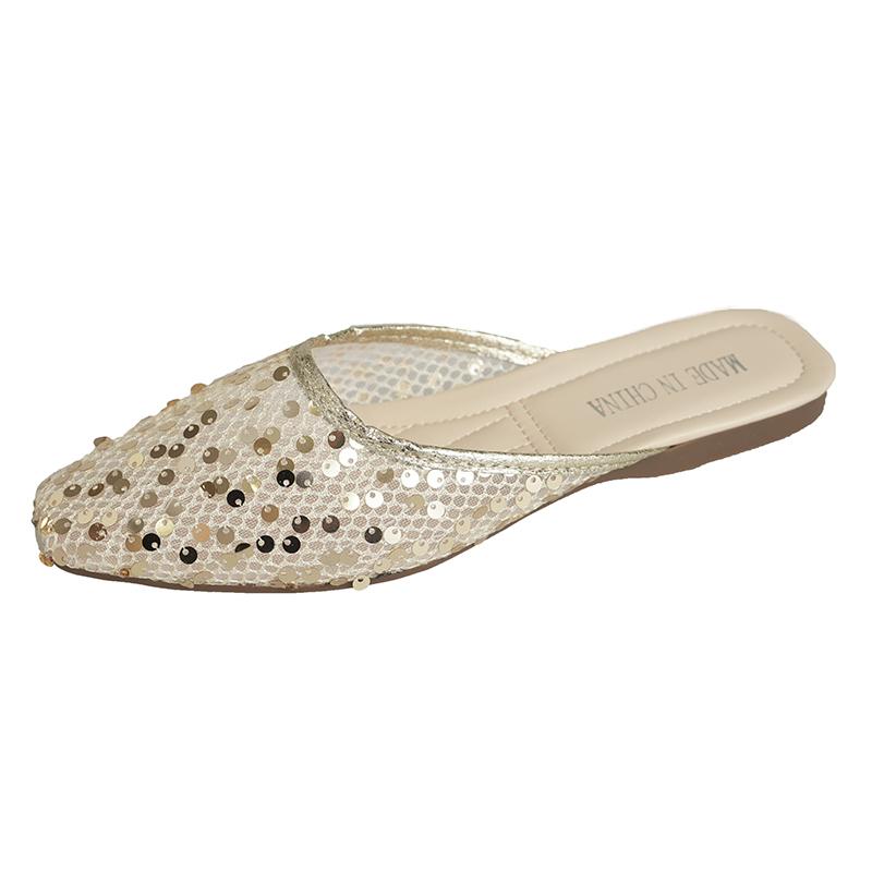 Fashion New Baotou Slippers Spring Square Head Shallow Mouth Glitter Mesh Cover Feet Soft Sole Anti-slip Wear-resistant Flat Shoes