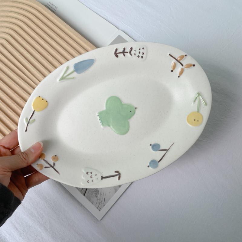 Relief Ceramic Plate Lovely Oval Dessert Dish Household Plant Pattern Large Breakfast Plates Retro Hand-Painted Storage Tray