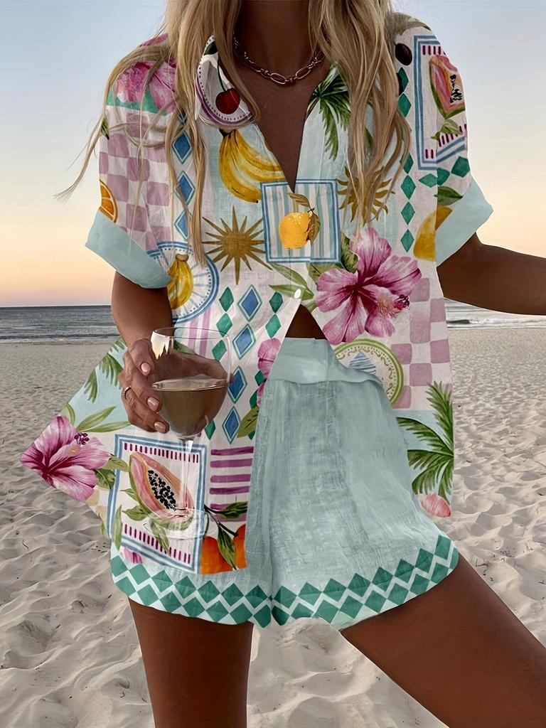 Cartoon parrot island style suit female, casual and versatile, comfortable and breathable beach two-piece set