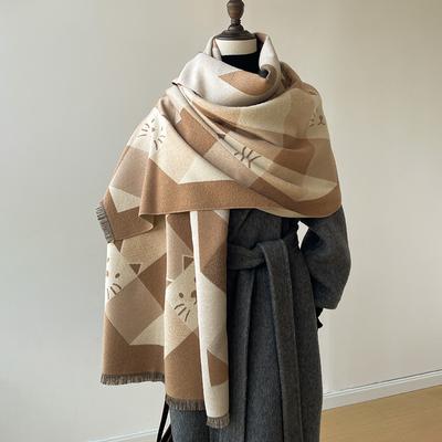 Eleganter Damen-Pashmina mit Tier-Katze, für Herbst und Winter, dick, warm, doppelseitig, mit Quaste, kältebeständig, winddicht, Deckenschal