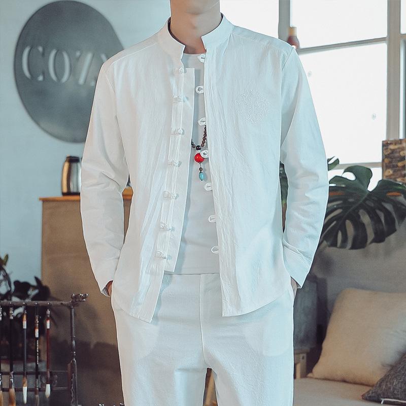 

Весенне-осенний хлопково-льняной вышитый пуговичный кардиган в китайском стиле, рубашка с длинным рукавом, мужская куртка-кардиган 5XL