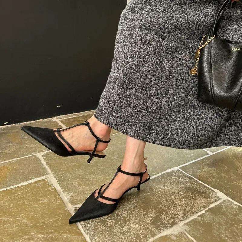 

Fashion Elegant Dark Green Ankle Strap High Heels Women Sexy Pointed Toe Low Heel Sandals for Women 2025 Spring Women Pumps Dress Shoes 35 чёрный