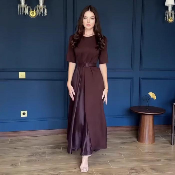 

2025 Summer Slimming Waist Color Block French Long Dress for Women L темно-рудий