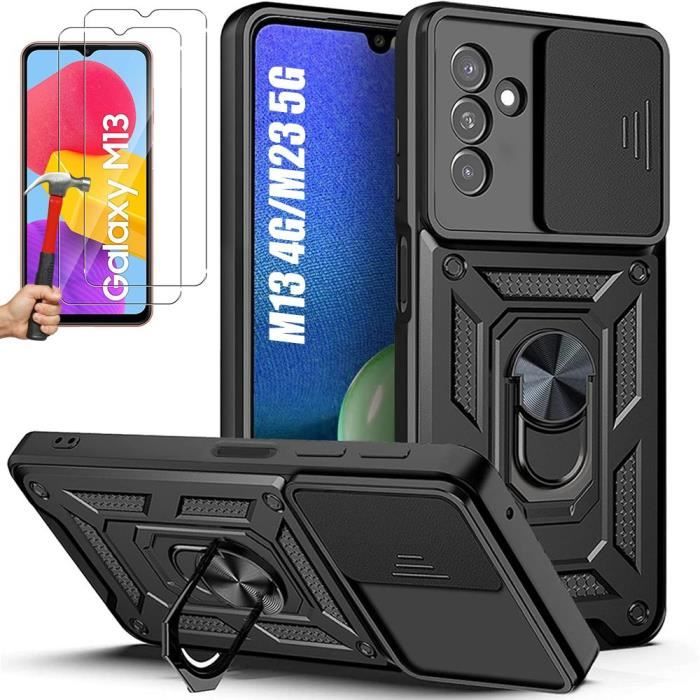 Coque pour Samsung Galaxy M13 - M23 5G - Noir - 2 Verres Trempés - Cache Caméra - Bague Support Vidéo