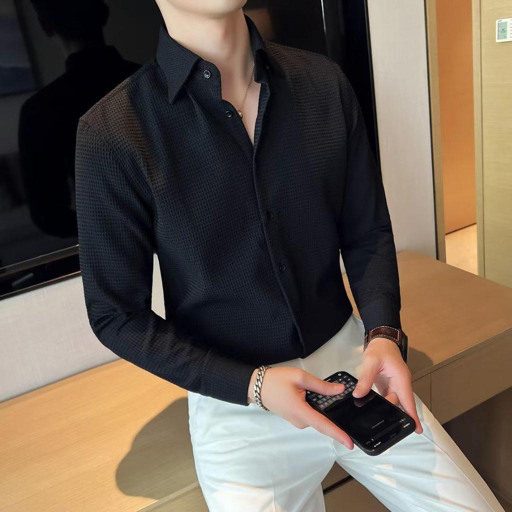 Men's New Long Sleeve Waffle French Business Shirt - Autumn/Winter Fashion