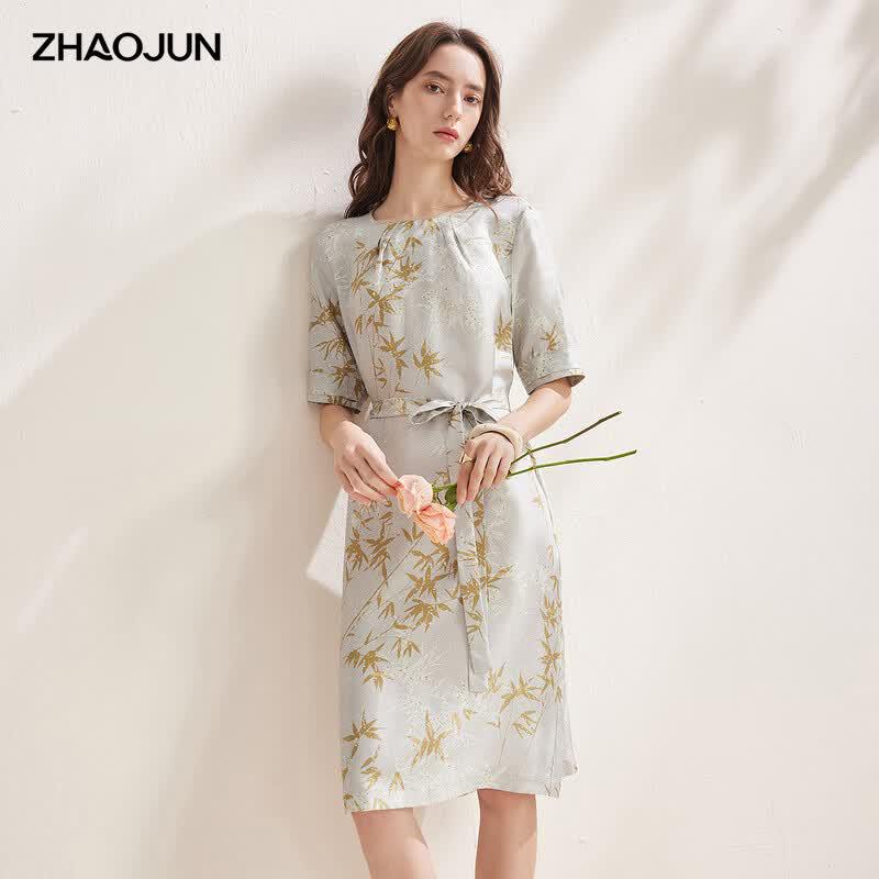 Zhaojun Women s Mulberry Silk Printed Half-Sleeve Dress 2XL