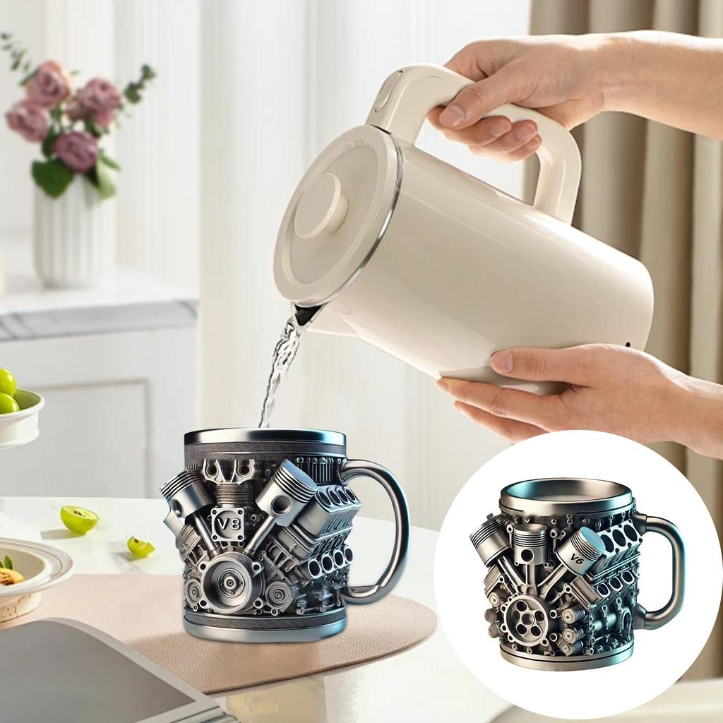 Stainless Steel Cup with Handle Engine Design Milk Drink Mug Beverage Tea Juice Milk Container Double Wall Insulated for Morning