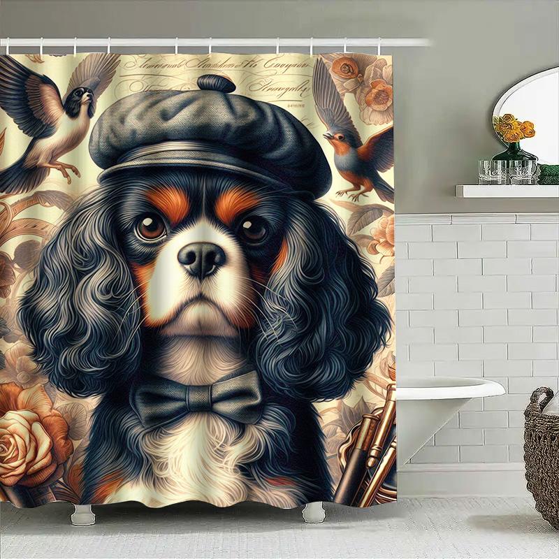 Animal Print Shower Curtain Vintage Style Dog Decor For Bathroom Floral Design Waterproof Fabric Perfect Gift Idea