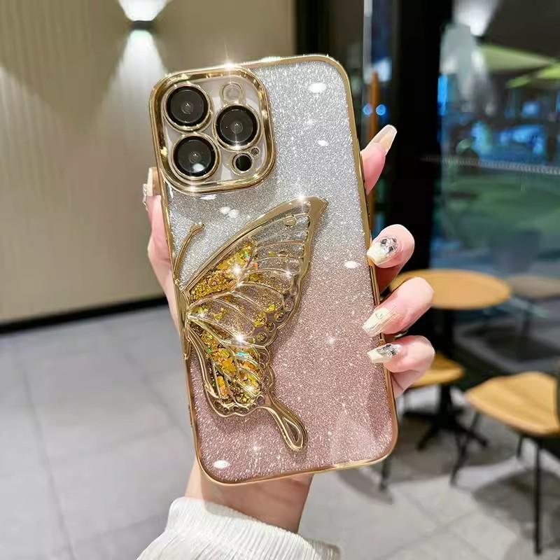 

Чехол для телефона Quicksand Butterfly, применимый к Apple 16pro, с градиентным блестящим порошком, 15 цветов, с гальваническим покрытием, для iPhone 14, чехол с полной защитой iPhone12proMax золотой