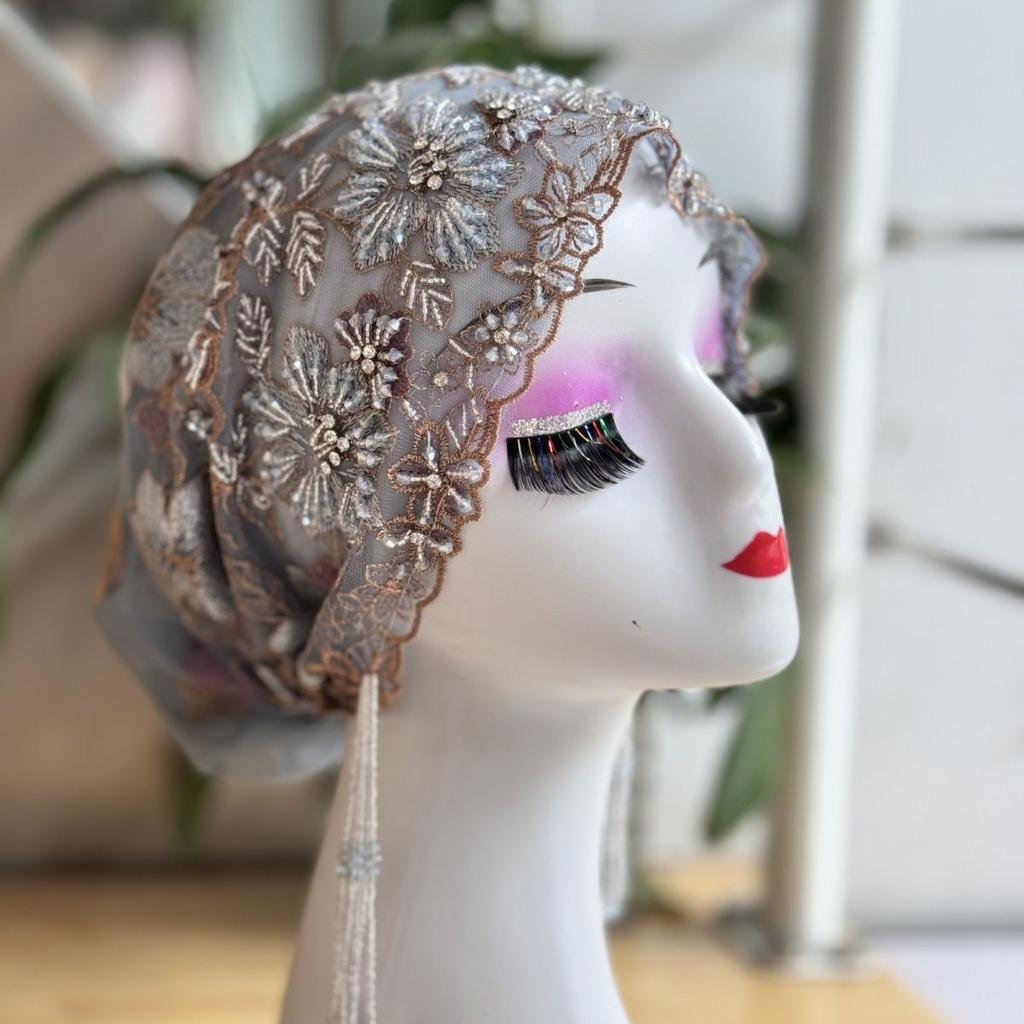 Heavy Industry Double-Layer Embroidery Turban Thin Fashion Scarf Tassel Lace Hat Handmade
