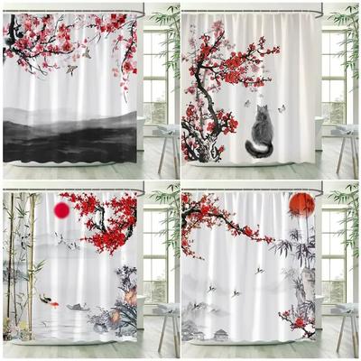 Rideaux de douche Paysage Oiseaux Fleurs Bambou Vert Fleuri Rouge Montagne Paysage à l'Encre Tissu Rideau de Bain Décoration de Salle de Bain avec Crochets