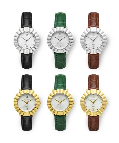 [RUMTTON] RUMTTON Bloom Circular Crystal Women s Leather Watch Silver Black Band