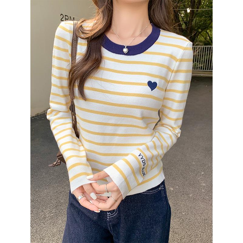 Korean Style Round Neck Striped Love Embroidery Design Knitted Sweater for Women In Autumn and Winter Slim-fitting Bottoming Shirt with Inner Top