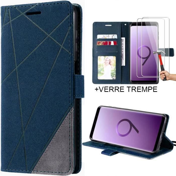 Coque pour Samsung S9 avec 2 Verres Trempés - Protection Effet Cuir Bleu Marine