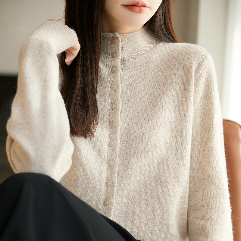 Women's Stand Collar Knit Cardigan with Sequin Yarn and Buttons - Long Sleeve, Versatile, Casual Loose-Fit Sweater Top
