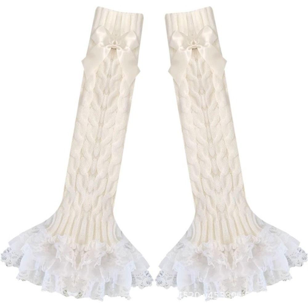 Lace Trim Knitted Leg Warmer Warm Knitted Fabric Bow Tiered Socks Japanese Style