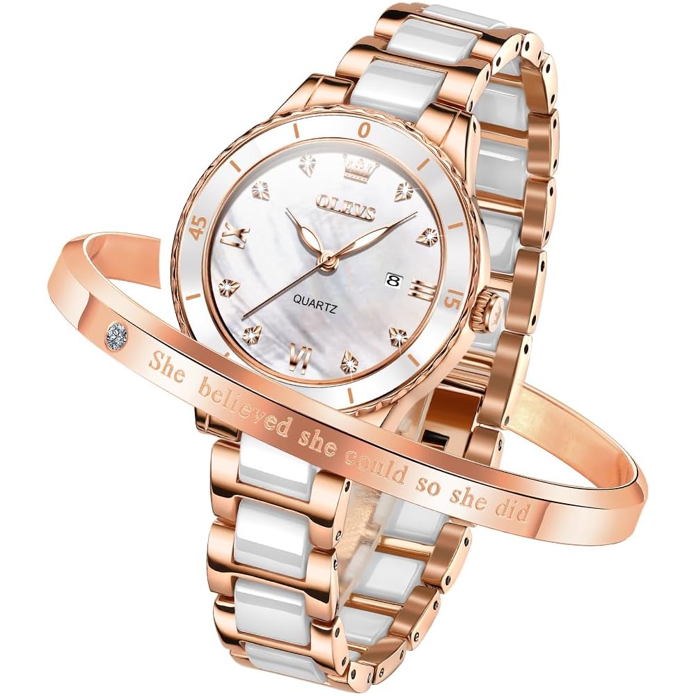 OLEVS Women s Ceramic Quartz Watch Elegant Waterproof Luminous Date Display White