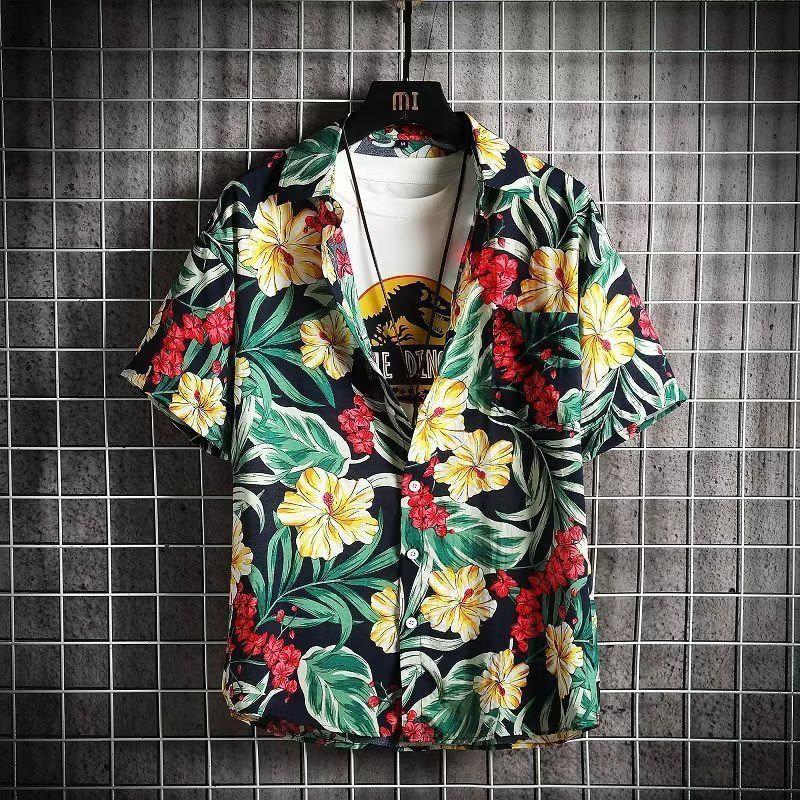 Men's Floral Summer Beach Shirt - Japanese Streetwear, Versatile, Breathable, Loose Fit, Hong Kong Style.