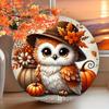 Cute Autumn Owl with Pumpkins and Fall Leaves Metal Tin Sign for Seasonal Home Decor