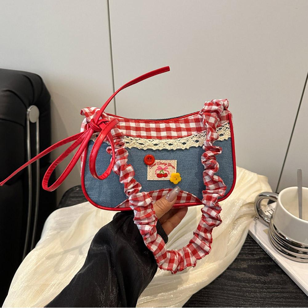 Woman Fashion Lattice Shoulder Bag Bow Denim Lovely Underarm Bag Pleated Drawstring Design Daily Commuting Handbag