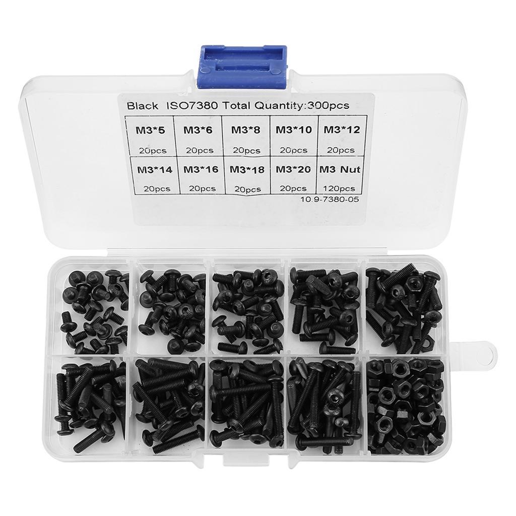 Kit Assortimento Bulloni Vite Dadi Testa Bombata Esagonale M3 Neri Grado 10.9 da 300 Pezzi