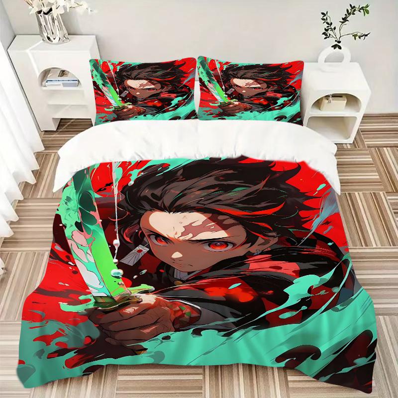 3pcs Tanjiro's Determination Demon Slayer Bedding Set - Includes 1 Quilt Cover and 2 Pillowcases, Comfortable Bedding with Stylish Design fo