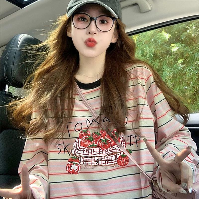 

Женские футболки оверсайз с графическим принтом в полоску в корейском стиле, топы, модные футболки с длинным рукавом для девочек L