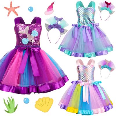 Kids Mermaid Role Play Princess Dress Girls Ariel Fancy Festival Party Costume Children Photoshoot Headwear Outfit Birthday Gift