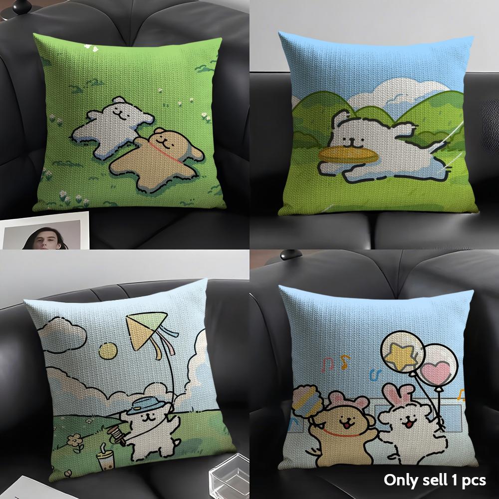 Cute Lover Korean Line P-Puppy Cushion Cover Natural Linen Organic Fabric Double-Sided Printing Sofa Home Decor Gift Pillow Case
