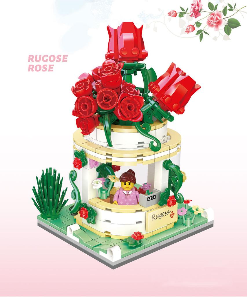 Creative Flower Shop Street View Mini Block Rose Orchid Plum Cherry Blossoms Narcissus Lily Florist Building Brick Figures Toys