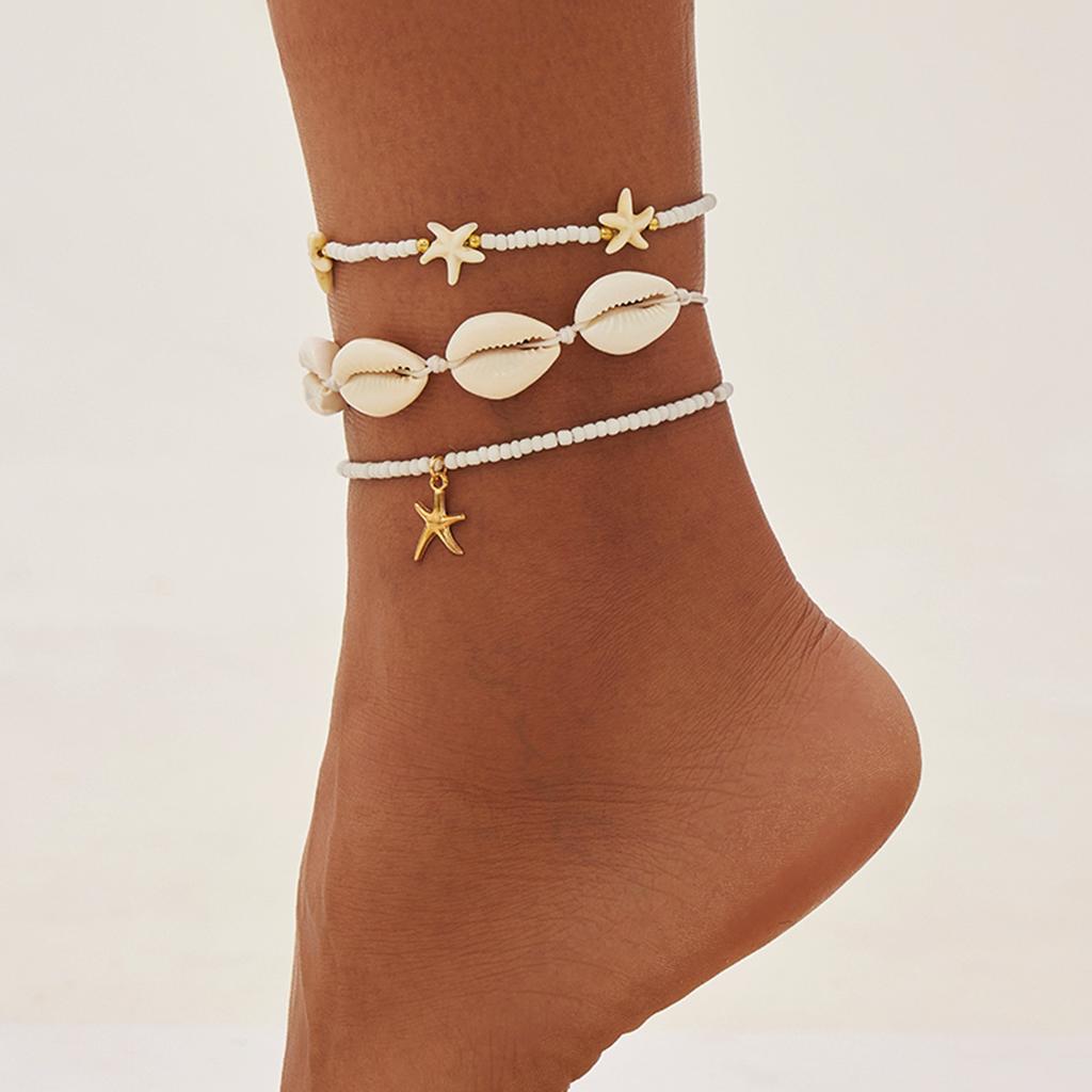 Beach Resort Style Starfish Scallop Shell Anklet, Simple Imitation Pearl Chain Rice Bead Foot Decoration For Women