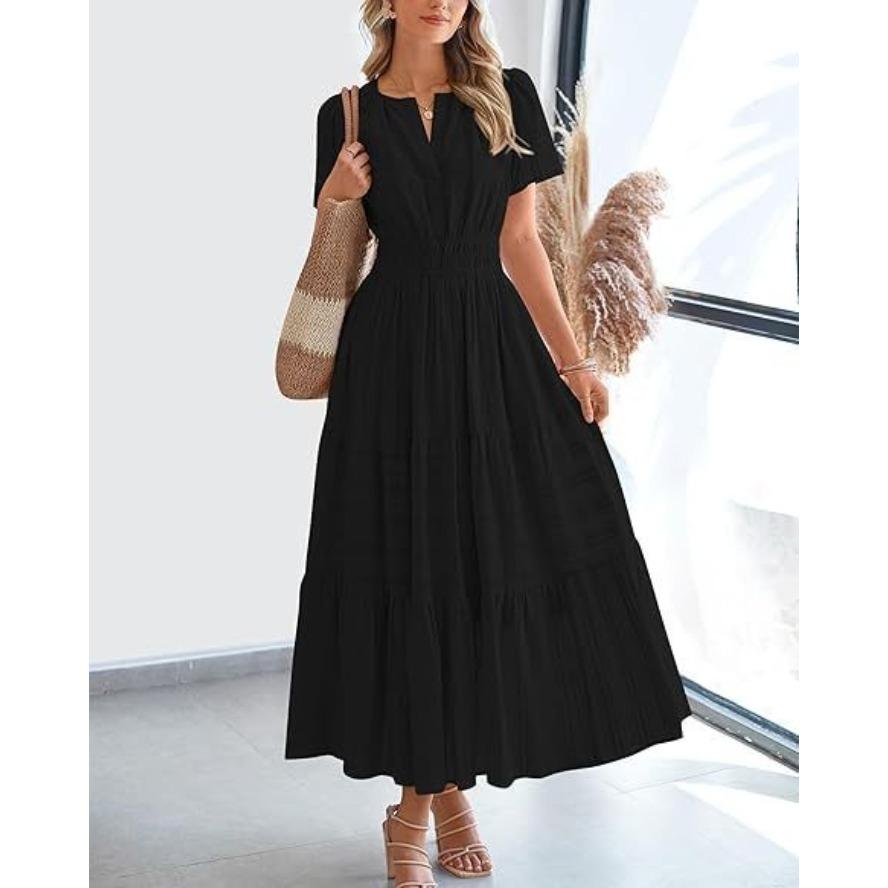 VEZFAA Women's Fashion Summer Spring Solid Color Print Short Sleeve V-Neck High Waist Casual Dresses