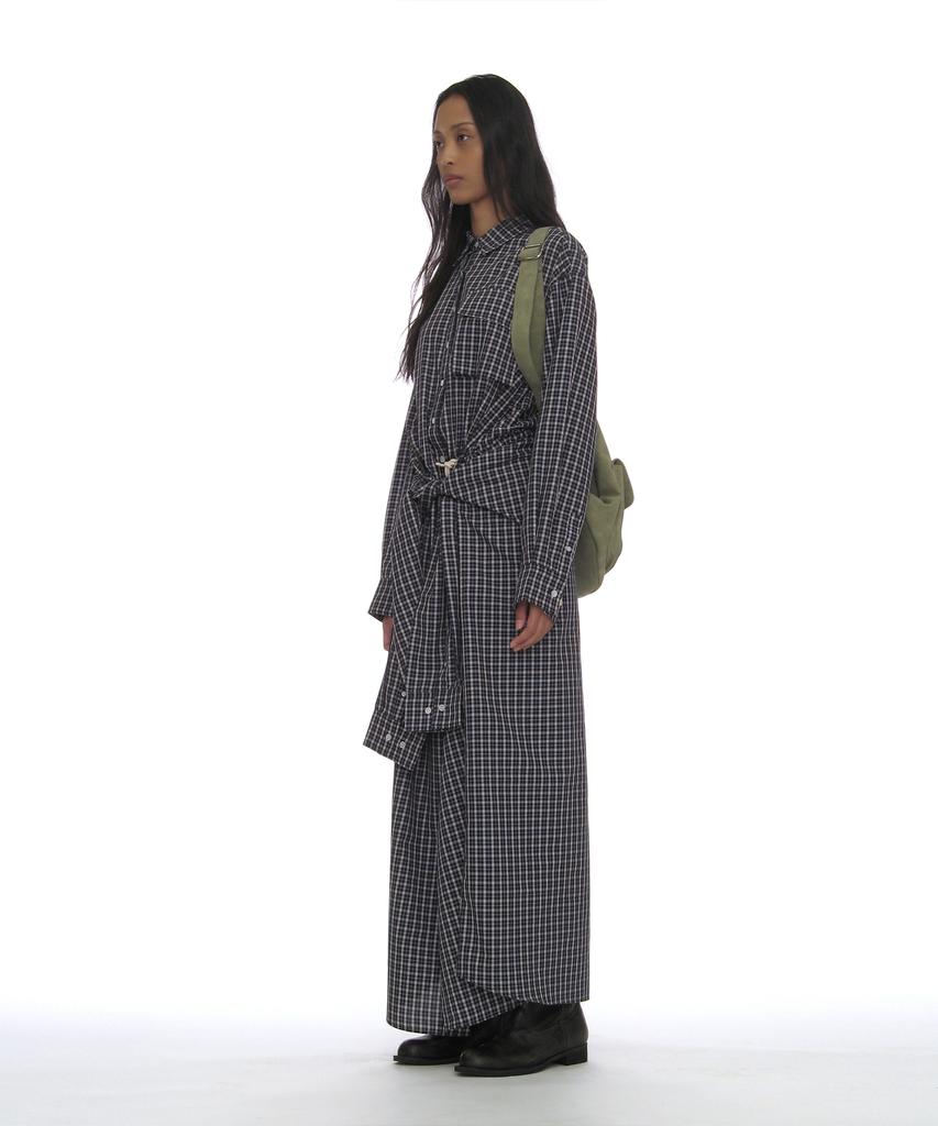 Partimento Woman Sleeve-Tie Shirt Maxi Dress_Navy Check
