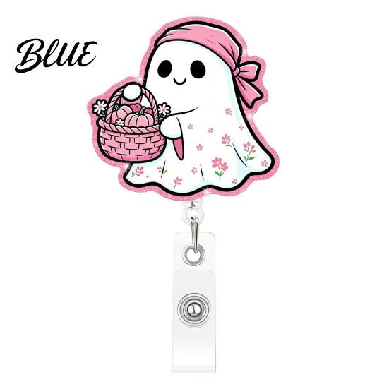 Clear Acrylic Retractable Badge Reel Halloween Ghost Reel Glitter Holder Clip Cute Pink Starlight ID Name for Women Nurse Teacher Medical