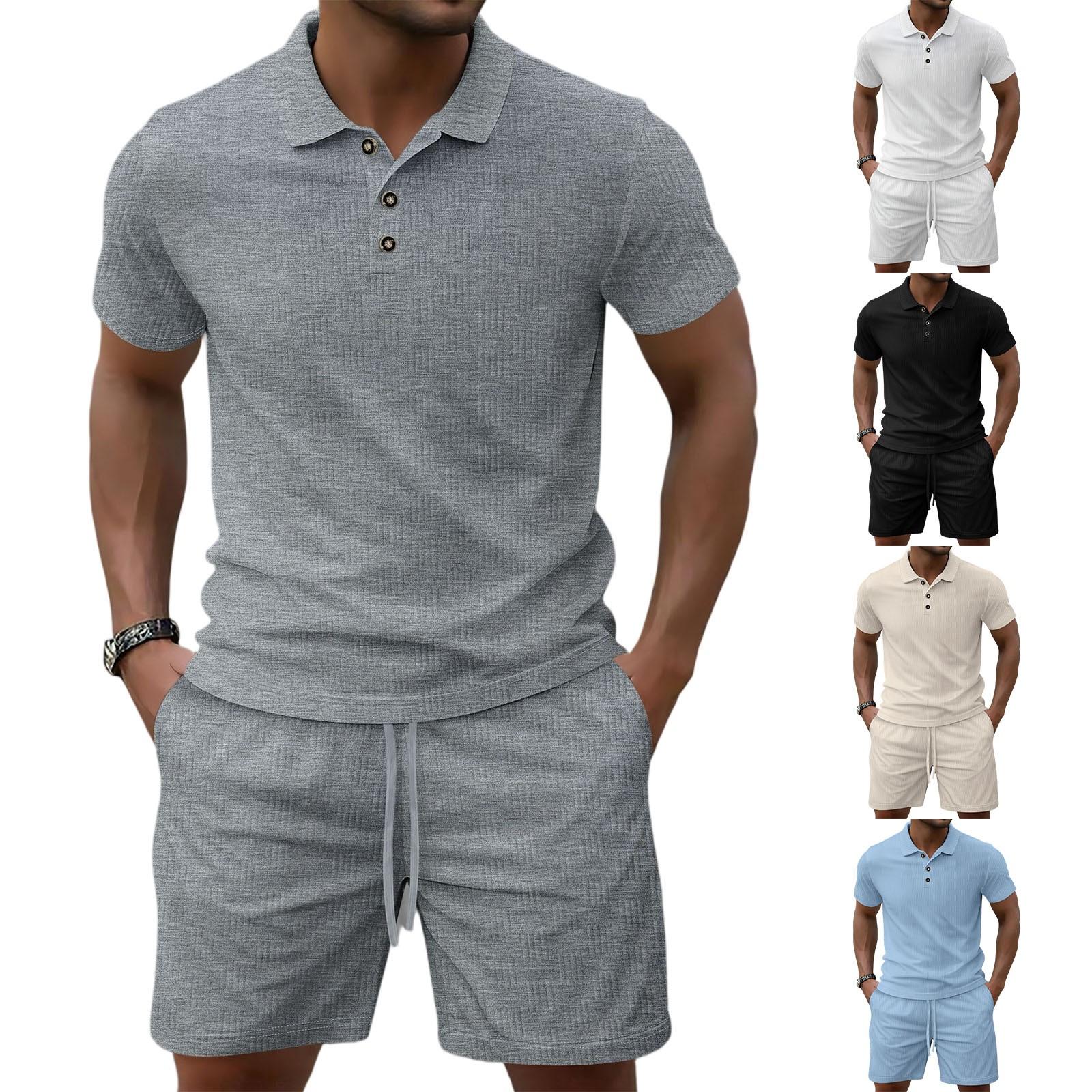 

Men s Solid-color Short-sleeved Shirt With Elastic Waist And Lace-up Shorts Set XXL білий