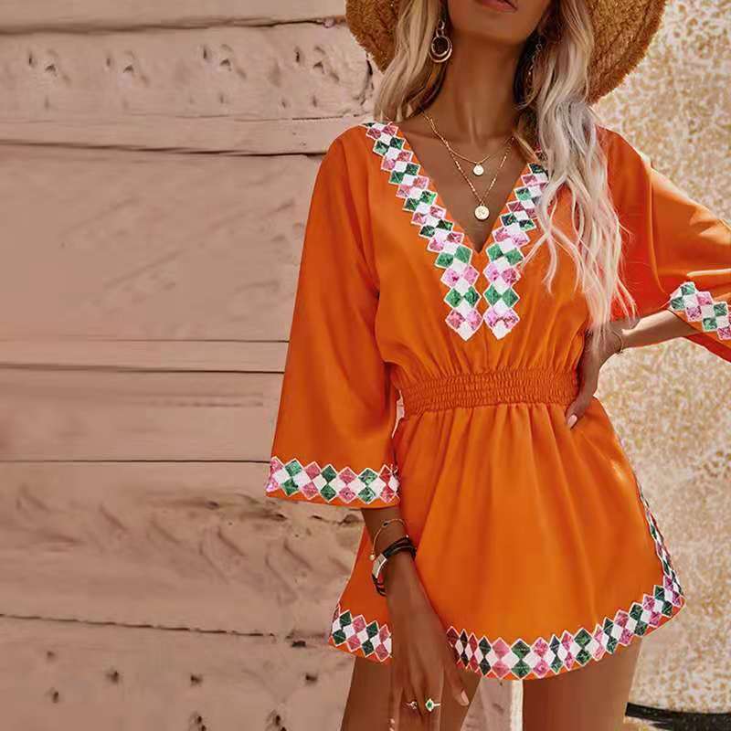 Boho Yaz Plaj Yarasa Kollu Gömlek Güneş Korumalı Kadın Elbisesi