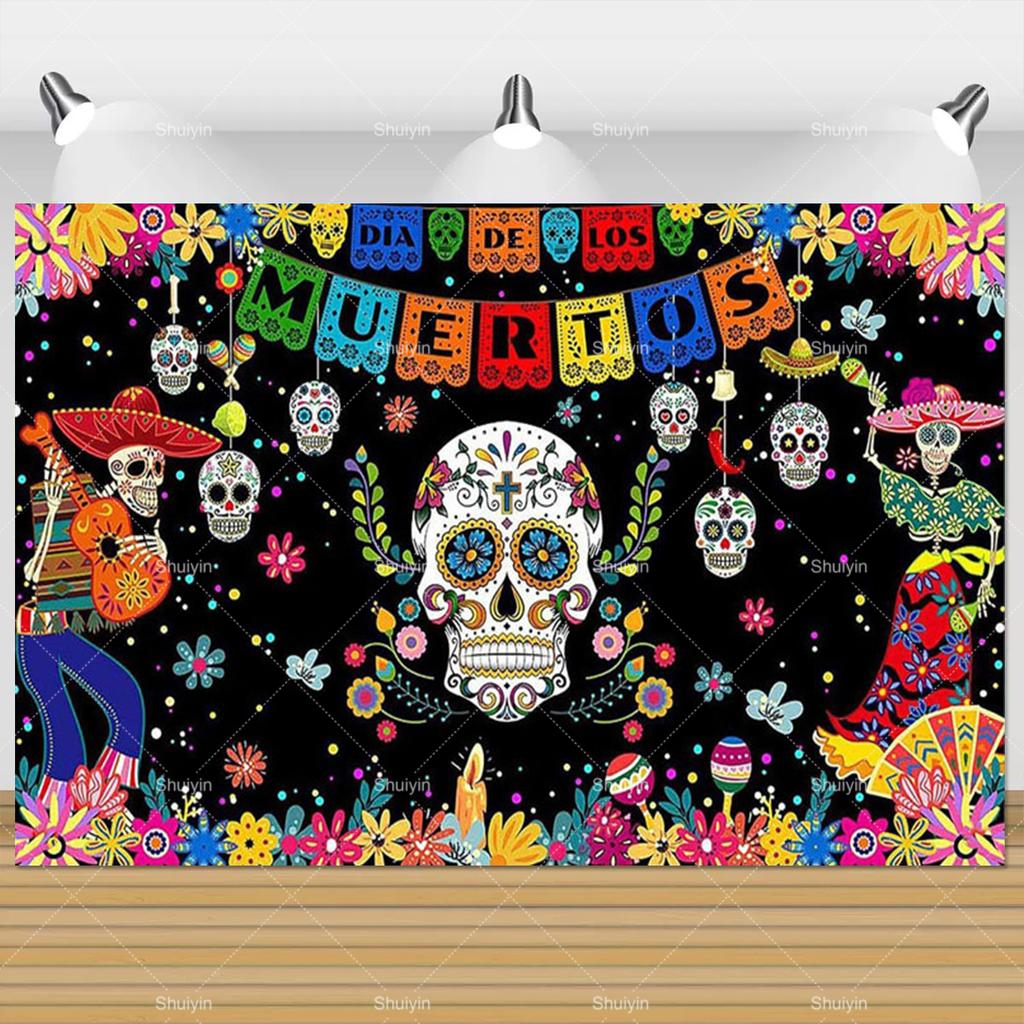 1pc Mexican Day of the Dead Background Skeletons Guitar Dia De Muertos Festive Decoration Party Supplies Fiesta Photo Shoot Prop