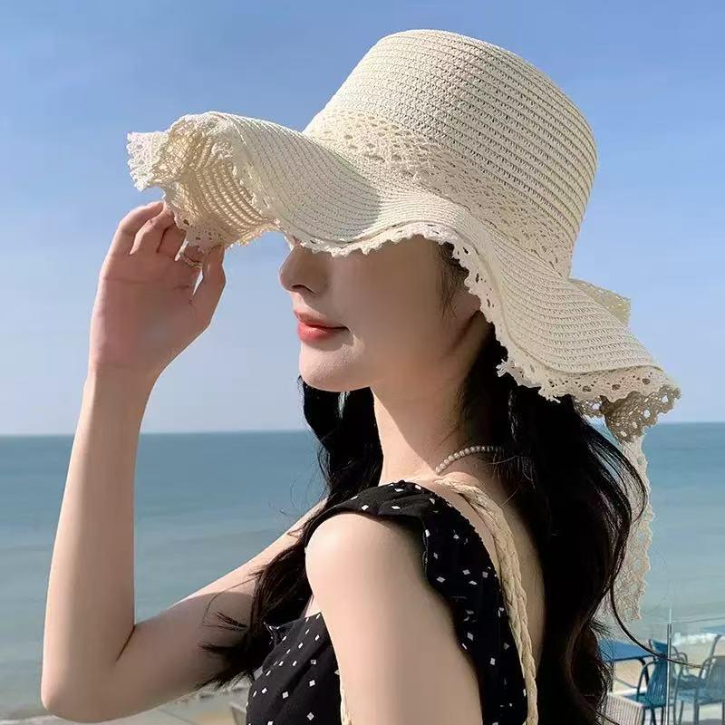 2025 Women's French Lace Bow Straw Sun Hat - Large Brim for Summer Vacation