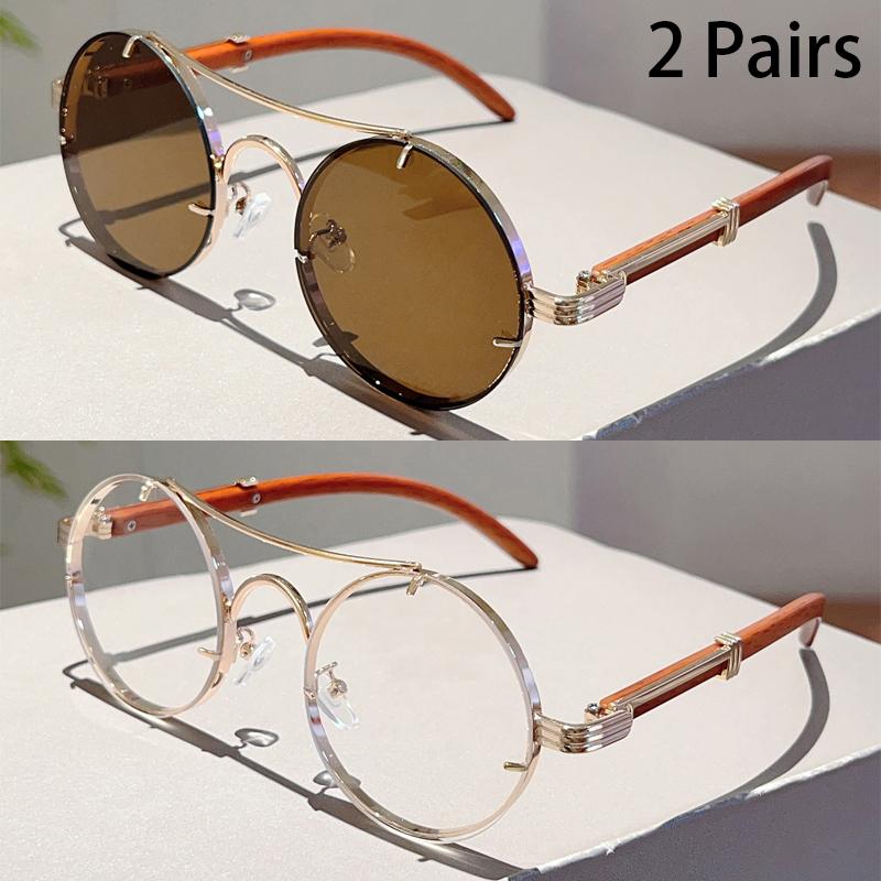 2 Pairs Vintage Round Sunglasses Men New Fashion Gradient Multicolor Casual Shades Women Luxury Design Double Bridge Sun Glasses